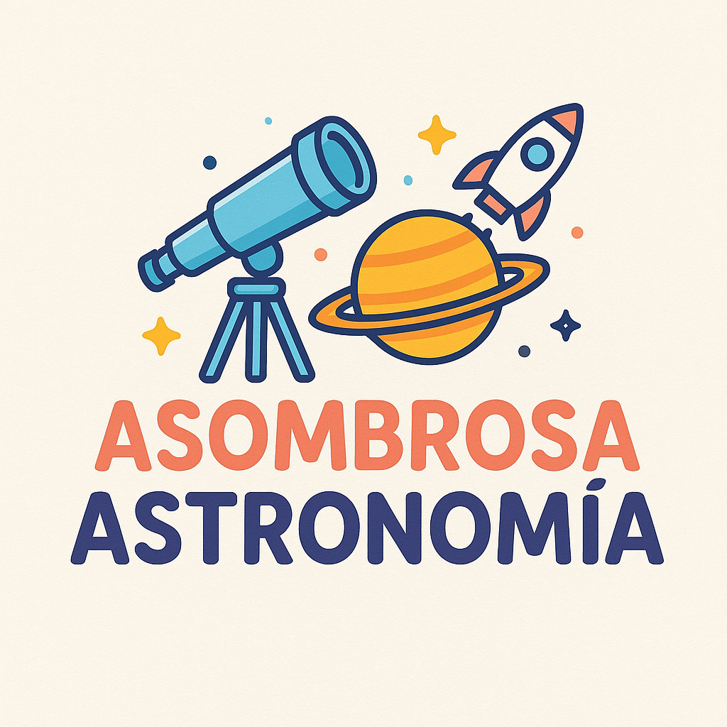 Ilustración colorida que muestra un telescopio, un planeta con anillos, una nave espacial y estrellas, junto con el texto 'ASOMBROSA ASTRONOMÍA'.