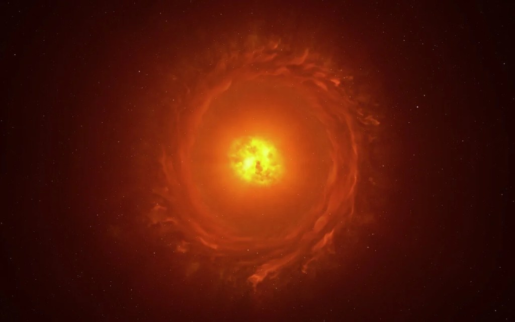 Esta imagen muestra una reconstrucción artística de la estrella WOH G64, la primera estrella fuera de nuestra galaxia de la que se han obtenido imágenes en primer plano.