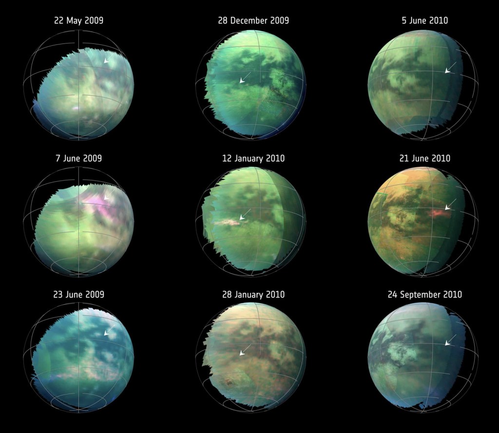 Collage de imágenes de Titán, mostrando su superficie y atmósfera a lo largo del tiempo entre 2009 y 2010.