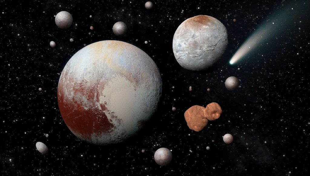 Ilustración artística del Cinturón de Kuiper, mostrando a Plutón y varios objetos helados, con un cometa en el fondo, en un entorno espacial lleno de estrellas.