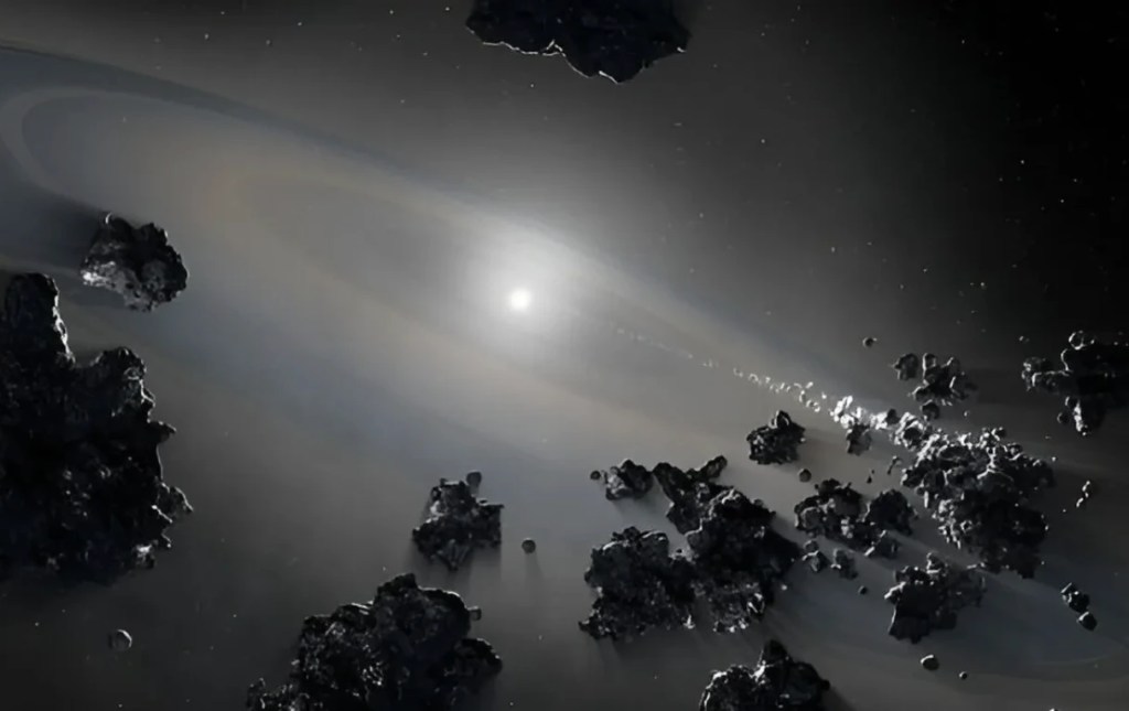 Representación artística de un sistema estelar con una enana blanca y escombros planetarios flotando alrededor.
