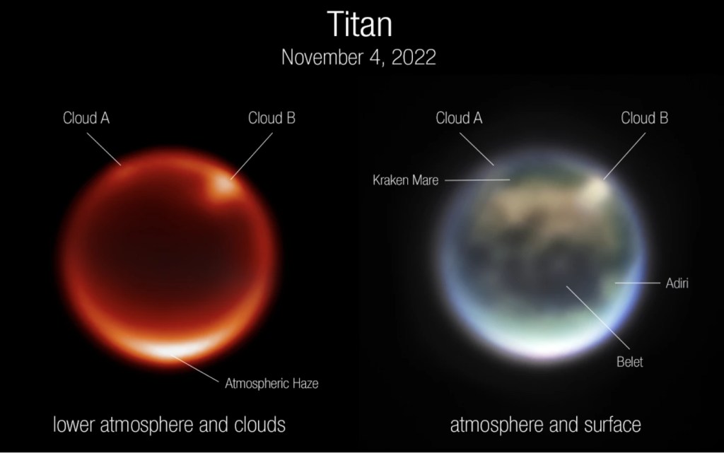 Imagen de Titán, la luna de Saturno, mostrando su atmósfera y superficie. A la izquierda, se observa la atmósfera inferior con nubes etiquetadas como 'Cloud A' y 'Cloud B', y neblina atmosférica. A la derecha, se presenta la superficie con características como 'Kraken Mare', 'Adiri' y 'Belet'.