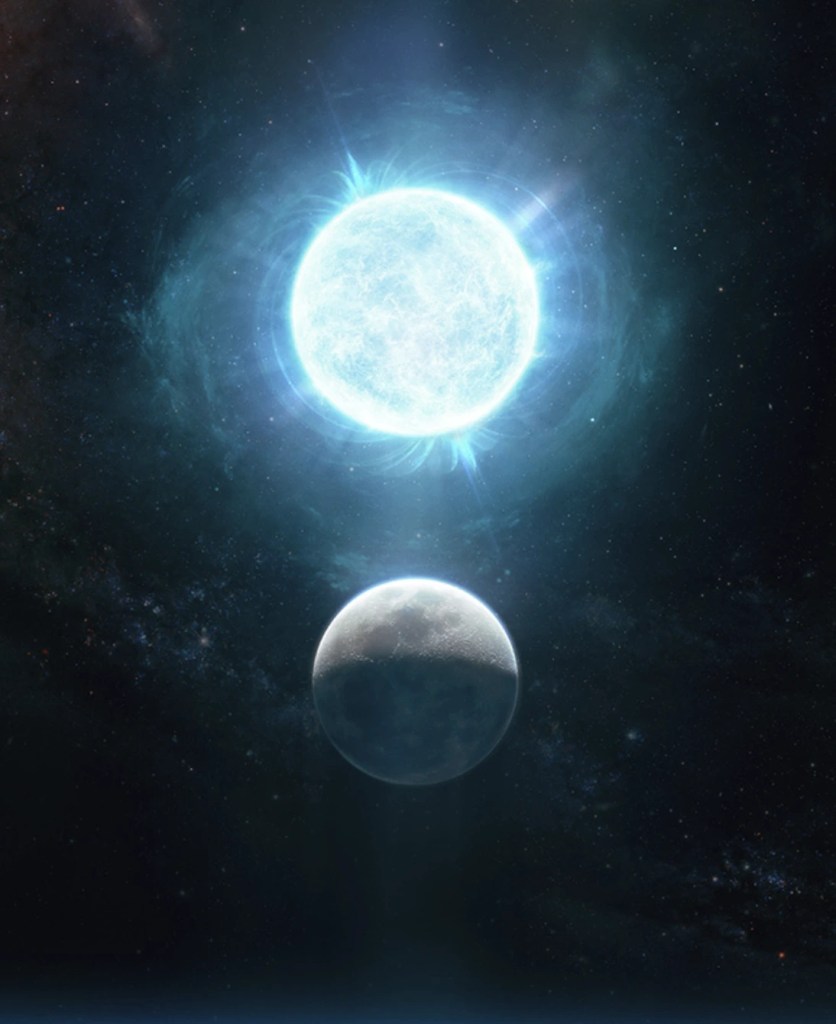 Una enana blanca brillante en el espacio, con un planeta o luna oscura en primer plano, representando la relación entre estos cuerpos celestes.
