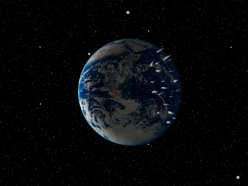 Imagen del planeta Tierra en el espacio, rodeado de estrellas, con trayectorias de meteoros que simulan la lluvia de estrellas.
