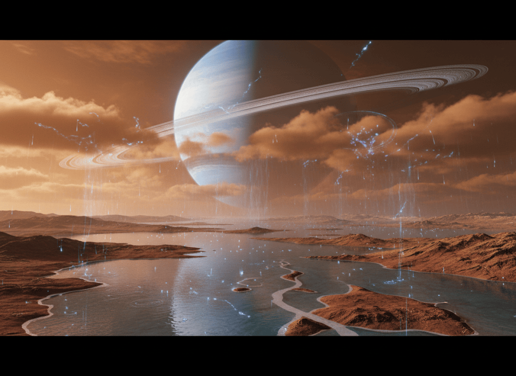 A breathtaking scientifically accurate view of Titan, Saturn's mysterious moon, featuring a vast hydrocarbon sea beneath a dense orange atmosphere, methane clouds and rainfall, Saturn and its rings towering in the sky, glowing organic chemistry particles drifting through the air, a sense of discovery and the possibility of life's origins, cinematic composition, ultra-realistic space art, vibrant orange and blue contrast, sharp focus, highly detailed, no text, no watermark.